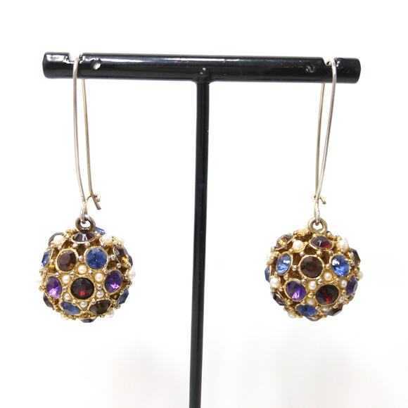 Vintage Rhinestone Faux Pearl Drop Ball Earrings, Tall Ear Wire, 1990s - Picture 1 of 10
